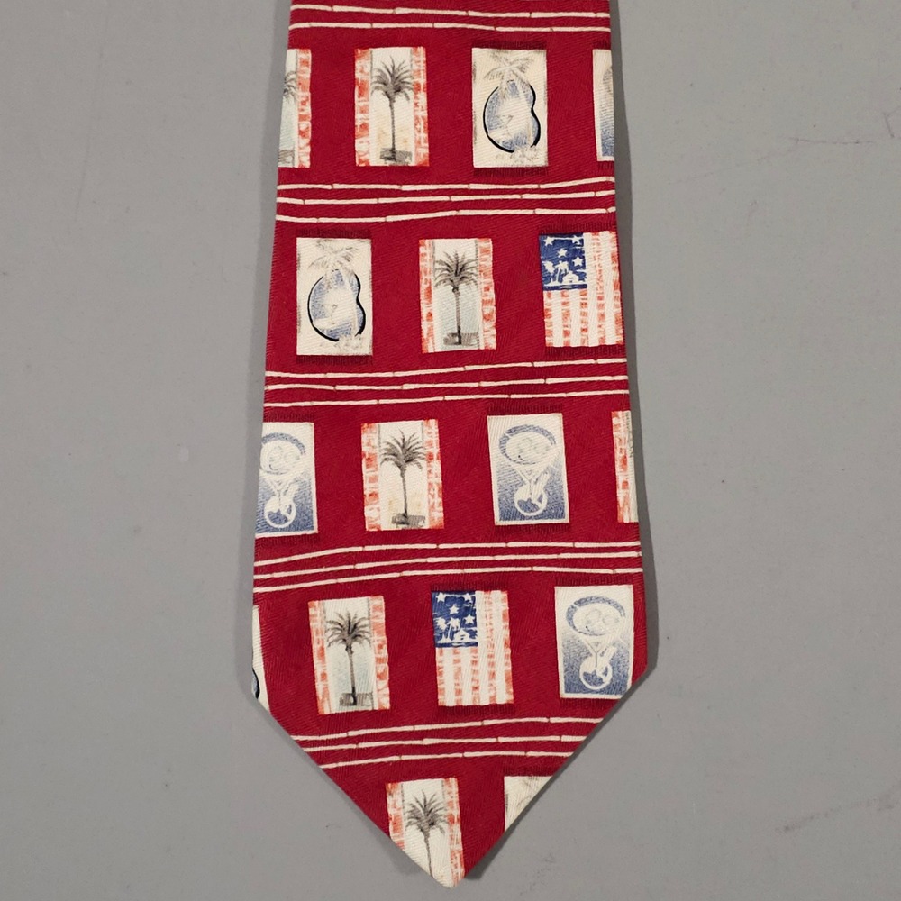Tommy Bahama Necktie Mens OS Red Silk Palm Tree Flag Postage Stamp Novelty USA